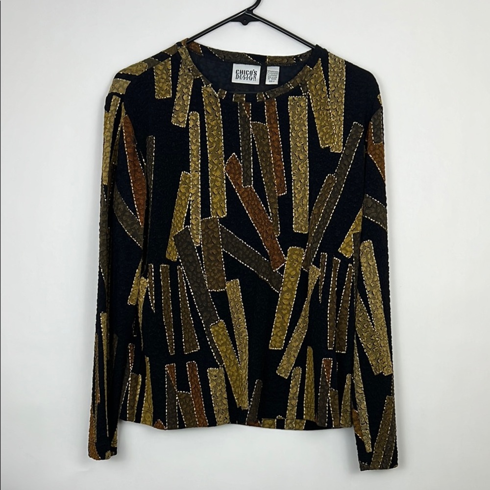 Chico’s long sleeve blouse black with gold metallic detail lace 2